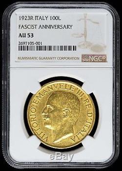 100 Lire 1923r Italy Au 53 Ngc Gold Coin Fascist Anniversary