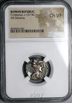 137 BC NGC Ch VF Veturius Roman Republic Denarius Oath Taking Scene (25012705C)