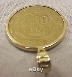 14K Bail and 14K Gold Bezel 200 Lire Italian Coin 1978 Pendant Weight 6.25 grams