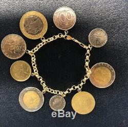 14K Milor Yellow Gold Charm Bracelet Italian 9 Coins