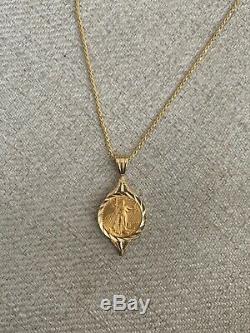 14K Pretty Yellow Gold Medal Circular Pendant 5 Dollars US COIN With Rope Chain