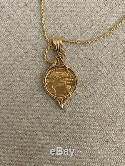 14K Pretty Yellow Gold Medal Circular Pendant 5 Dollars US COIN With Rope Chain