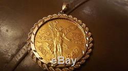 14K Solid Gold 50 pesos Mexican coin bezel frame scrap or use chain pendant