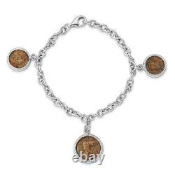 14K White Gold Plated Bronze Roman Coin Bracelet for Womens Mens 7.92g