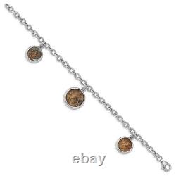 14K White Gold Plated Bronze Roman Coin Bracelet for Womens Mens 7.92g