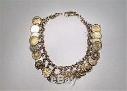 14K Yellow Gold Mini Replica Gold Coin Charms Bracelet Italy EM1159