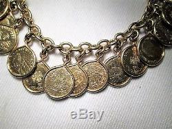 14K Yellow Gold Mini Replica Gold Coin Charms Bracelet Italy EM1159