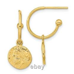 14K Yellow Gold Polished Reversible Replica Roman Coin Charm Stud Hoop Earrings