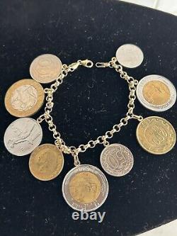 14k. 585 Yellow Gold Milor Italy Lira Coin 7.5 Charm Bracelet Au 2445