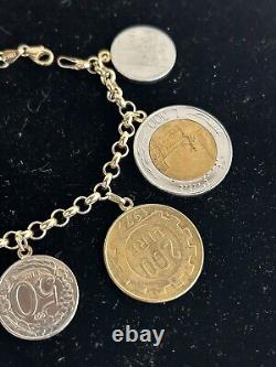 14k. 585 Yellow Gold Milor Italy Lira Coin 7.5 Charm Bracelet Au 2445