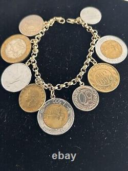 14k. 585 Yellow Gold Milor Italy Lira Coin 7.5 Charm Bracelet Au 2445
