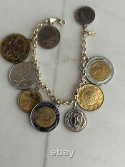 14k. 585 Yellow Gold Milor Italy Lira Coin 7.5 Charm Bracelet Au 2445