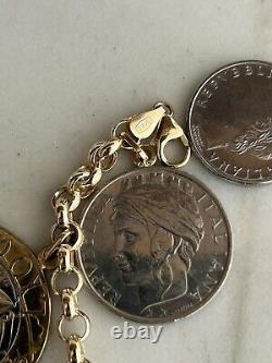14k. 585 Yellow Gold Milor Italy Lira Coin 7.5 Charm Bracelet Au 2445