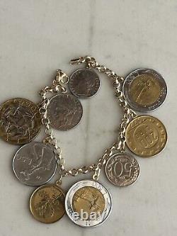 14k. 585 Yellow Gold Milor Italy Lira Coin 7.5 Charm Bracelet Au 2445
