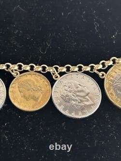 14k. 585 Yellow Gold Milor Italy Lira Coin 7.5 Charm Bracelet Au 2445