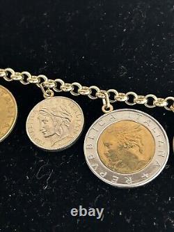 14k. 585 Yellow Gold Milor Italy Lira Coin 7.5 Charm Bracelet Au 2445