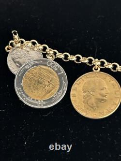 14k. 585 Yellow Gold Milor Italy Lira Coin 7.5 Charm Bracelet Au 2445