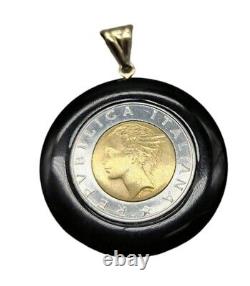 14k Black Onyx Milor Repvbblica Italiana Lira Coin Pendant Yellow Gold Bale