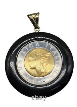 14k Black Onyx Milor Repvbblica Italiana Lira Coin Pendant Yellow Gold Bale