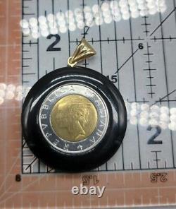 14k Black Onyx Milor Repvbblica Italiana Lira Coin Pendant Yellow Gold Bale