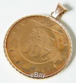 14k Gold 1980 Pendant Coin 200 Lire Italy 14k Bail & Rope Twisted Bezel & Chain