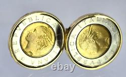14k Gold Coin Cuff Links Italy 500 Lire Bi-Metallic Piazza Del Quirinale Rome 91