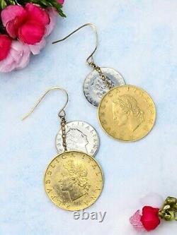14k Gold French Wire Boho Italy Lire Coin Pierced Earrings Round Signed JCM