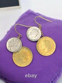 14k Gold French Wire Boho Italy Lire Coin Pierced Earrings Round Signed JCM