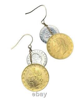 14k Gold French Wire Boho Italy Lire Coin Pierced Earrings Round Signed JCM