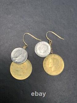14k Gold French Wire Boho Italy Lire Coin Pierced Earrings Round Signed JCM