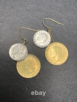 14k Gold French Wire Boho Italy Lire Coin Pierced Earrings Round Signed JCM