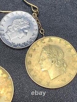 14k Gold French Wire Boho Italy Lire Coin Pierced Earrings Round Signed JCM