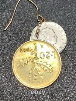 14k Gold French Wire Boho Italy Lire Coin Pierced Earrings Round Signed JCM