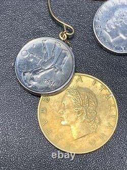 14k Gold French Wire Boho Italy Lire Coin Pierced Earrings Round Signed JCM