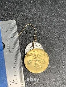 14k Gold French Wire Boho Italy Lire Coin Pierced Earrings Round Signed JCM