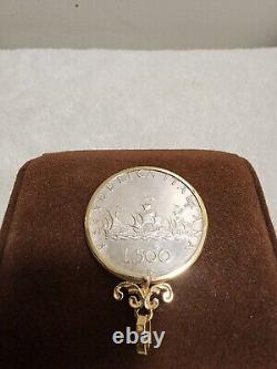 14k Gold Italian 500 Lire Coin Pendant. Pinta, Nina + Santa Maria Ships 12.67 g