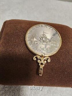 14k Gold Italian 500 Lire Coin Pendant. Pinta, Nina + Santa Maria Ships 12.67 g