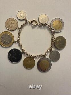 14k Italian Gold Rolo Charm Bracelet With 10 Italian Lire Coins 8