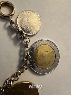 14k Italian Gold Rolo Charm Bracelet With 10 Italian Lire Coins 8
