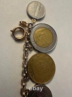 14k Italian Gold Rolo Charm Bracelet With 10 Italian Lire Coins 8