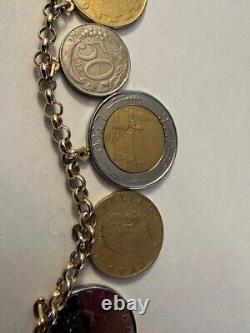 14k Italian Gold Rolo Charm Bracelet With 10 Italian Lire Coins 8