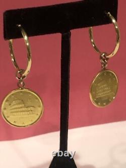 14k Solid Gold Hoops/with Genuine Italian Euro Coin Charms 2 Drop