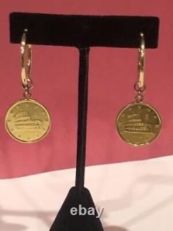 14k Solid Gold Hoops/with Genuine Italian Euro Coin Charms 2 Drop