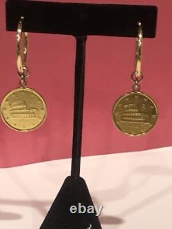 14k Solid Gold Hoops/with Genuine Italian Euro Coin Charms 2 Drop