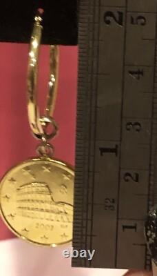 14k Solid Gold Hoops/with Genuine Italian Euro Coin Charms 2 Drop
