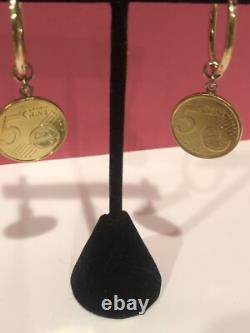 14k Solid Gold Hoops/with Genuine Italian Euro Coin Charms 2 Drop
