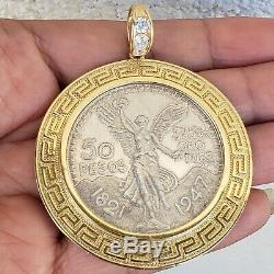 14k solid gold 6 Prong Greek Key 50 pesos Santanario Coin Bezel Frame pendant