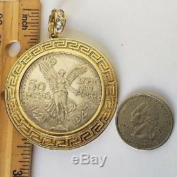 14k solid gold 6 Prong Greek Key 50 pesos Santanario Coin Bezel Frame pendant