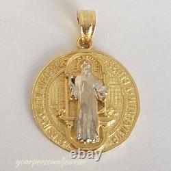 14k yellow Gold saint Benedict benito coin medallion Cross Pendant 1 inch 2side