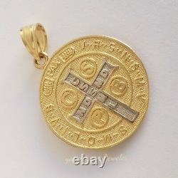 14k yellow Gold saint Benedict benito coin medallion Cross Pendant 1 inch 2side